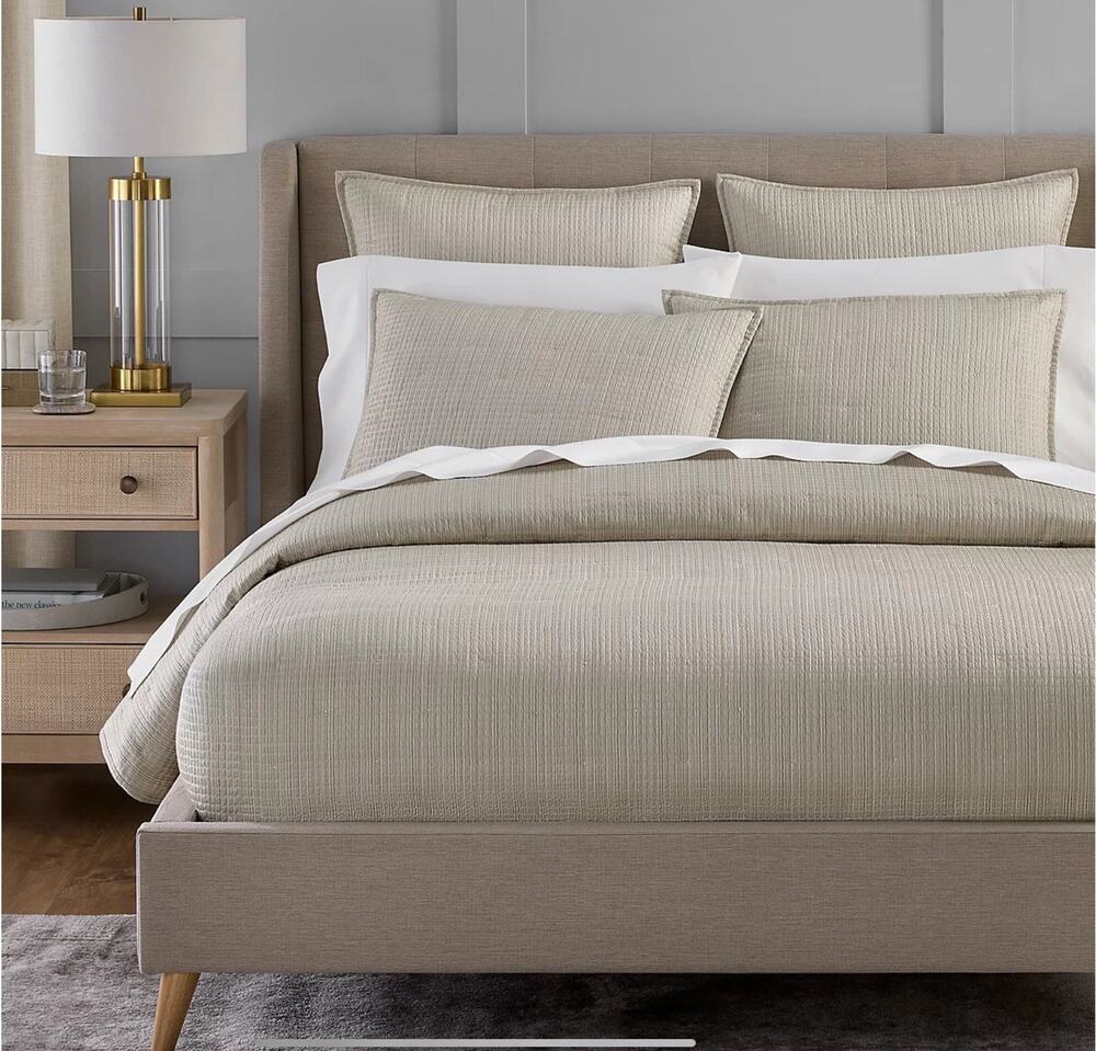 Hudson Park Collection Luxe Textured Check QUEEN Quilted Coverlet Beige/Fr Ship